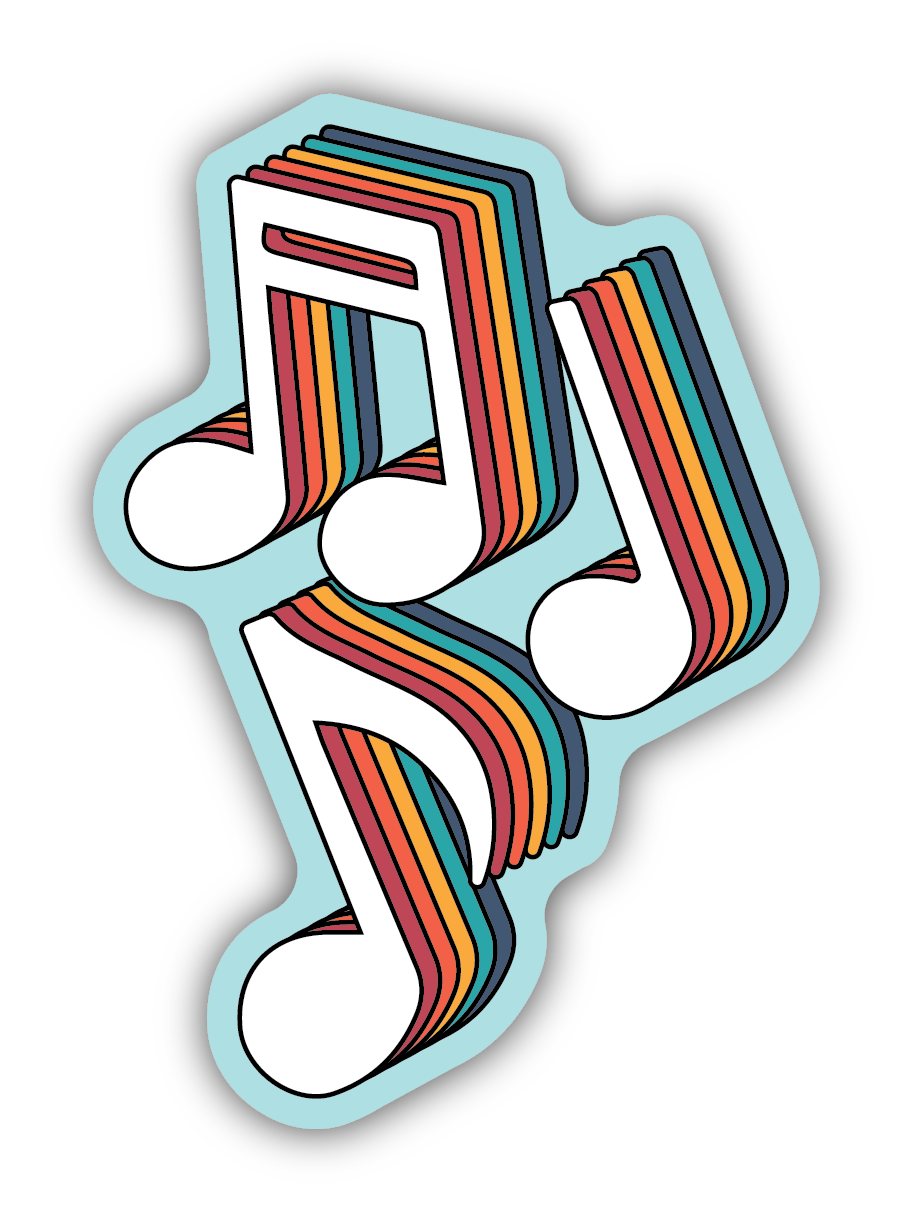 sticker on white background. sticker has graphic of music notes with rainbow shadows.
