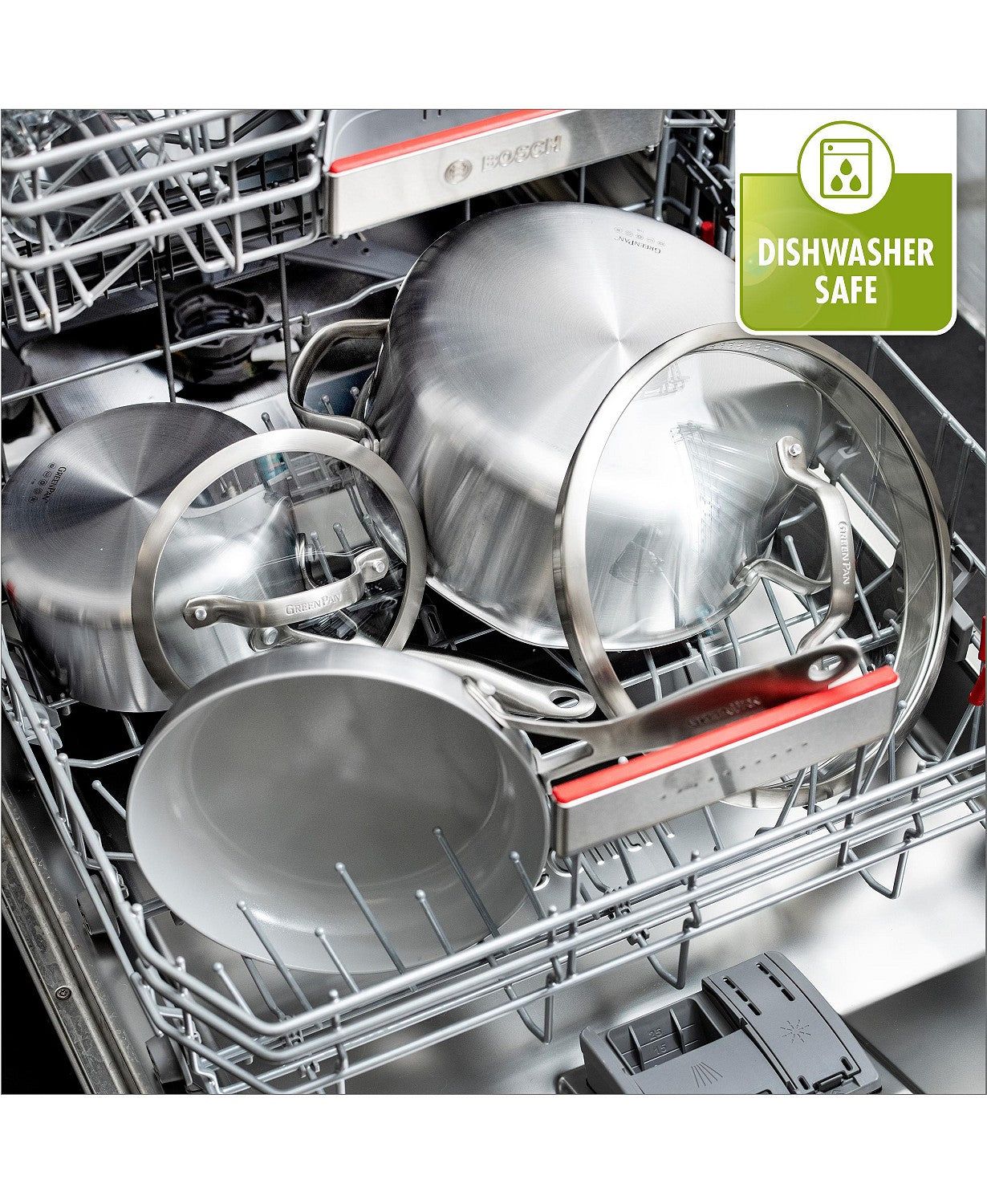 cookware in open dishwasher.