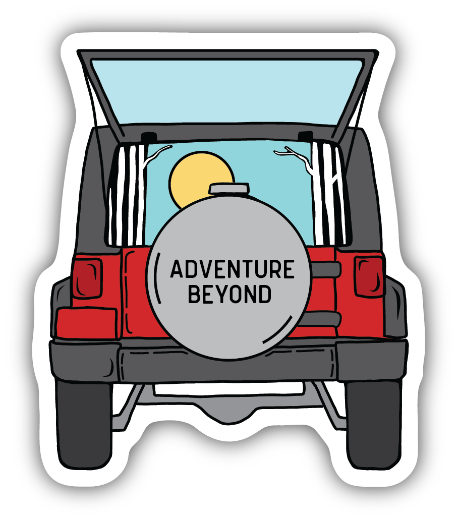 sticker on white background. sticker has back view of jeep with back window open showing sun and trees through windshield. "adventure beyond" is written on the spare tire.