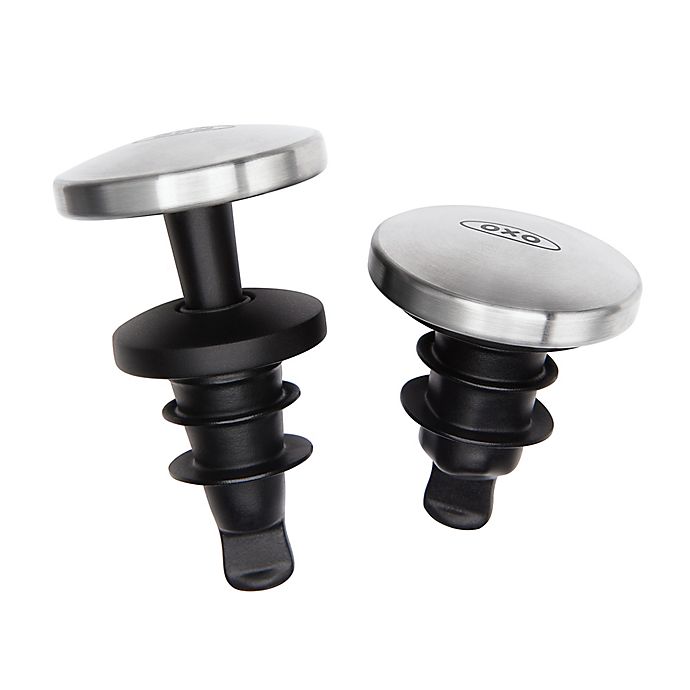 2 black stoppers with stainless steel tops.