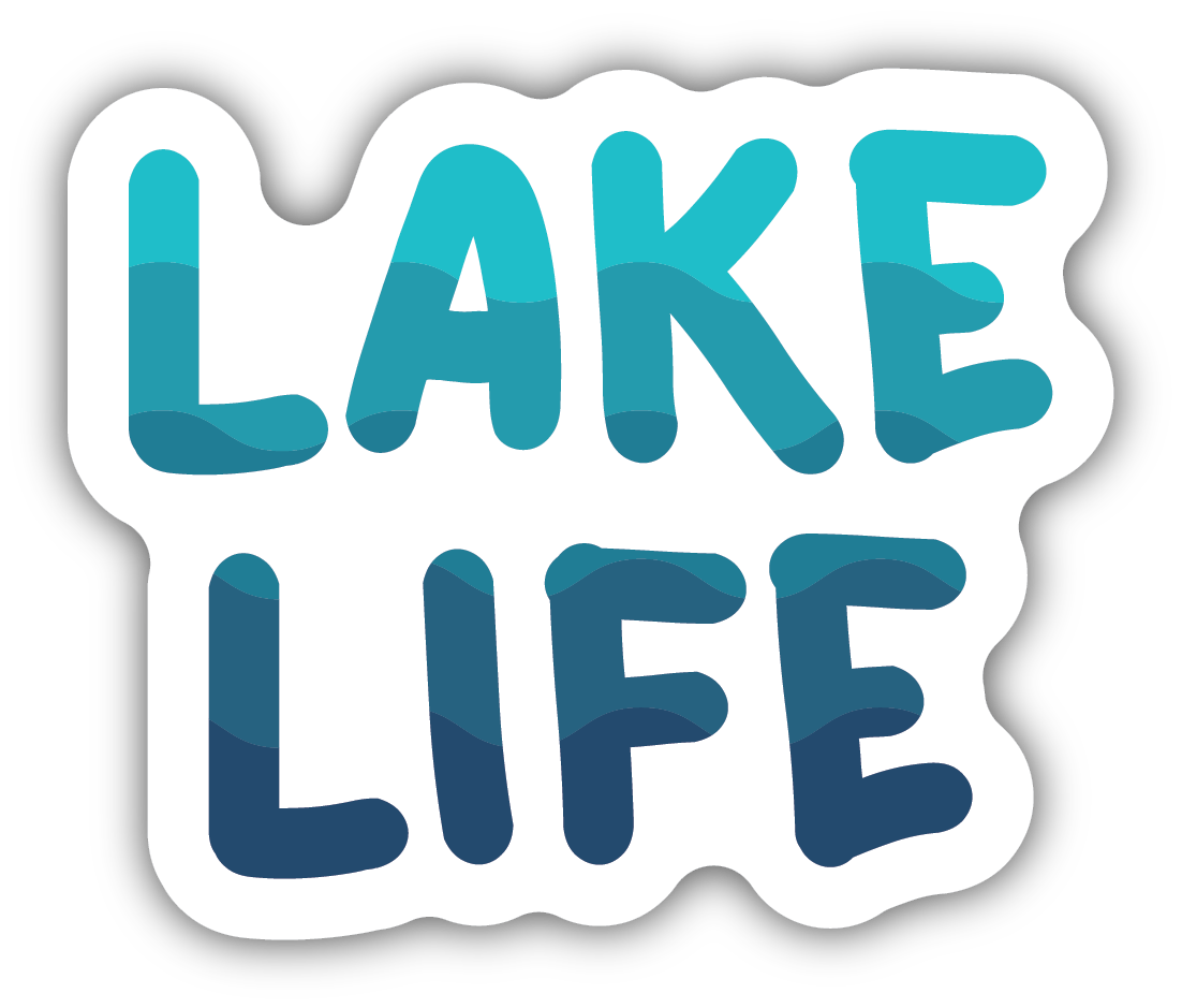 sticker on white background. sticker has white background and "lake life" in shades of blues with a wave like pattern.