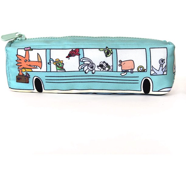 zipper bag with bus design and animals inside the bus on white background.
