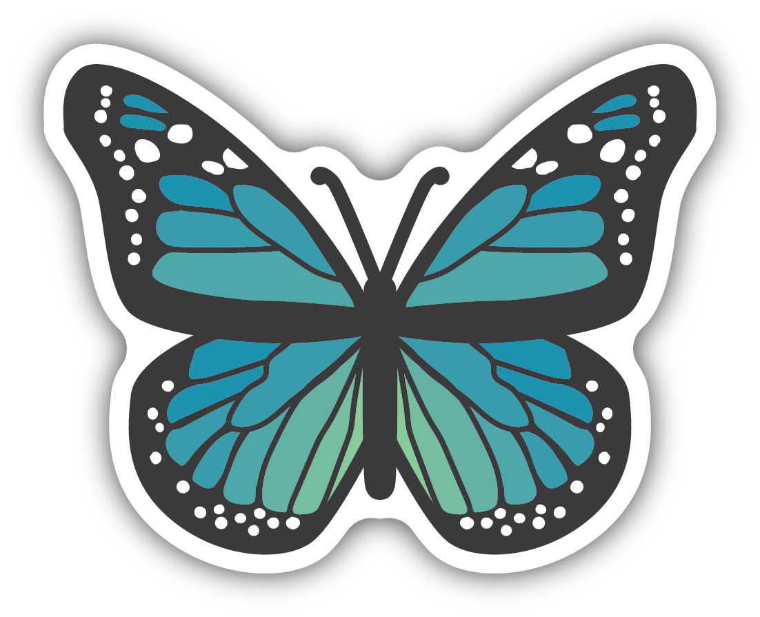 sticker on white background. sticker has graphic of blue butterfly with wings open.