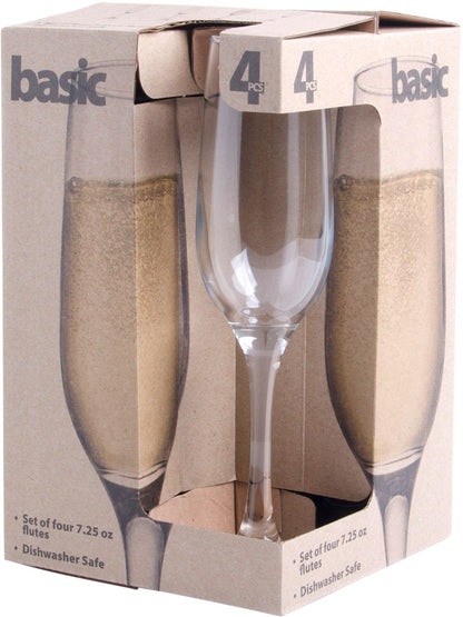 box package of four champagne flutes on a white background