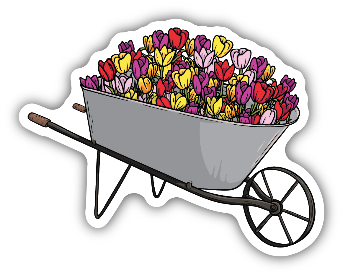 sticker on white background. sticker has graphic of wheelbarrow filled with purple, yellow, and red tulips
