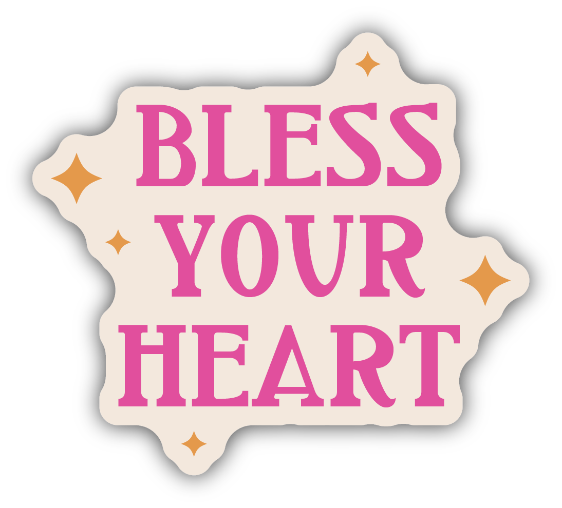 sticker on white background. sticker has cream background with the words "bless you heart" in pink and five small yellow stars.
