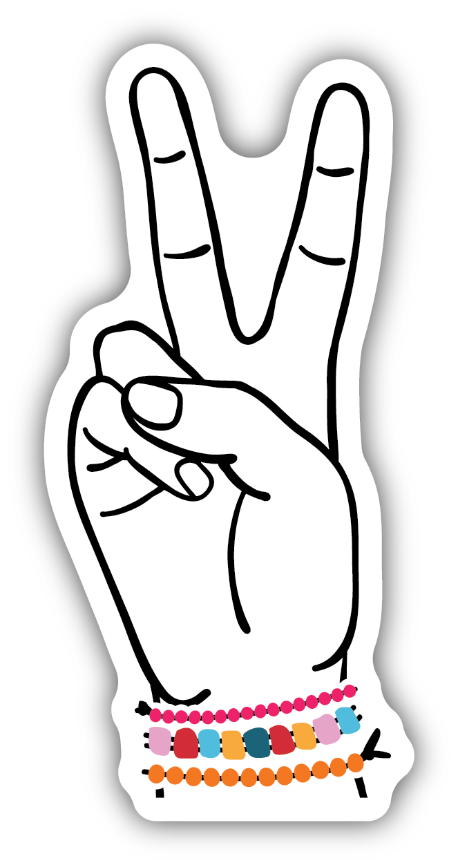 sticker on white background. sticker has graphic of hand giving peace sign a nd wearing colorful beaded bracelets.