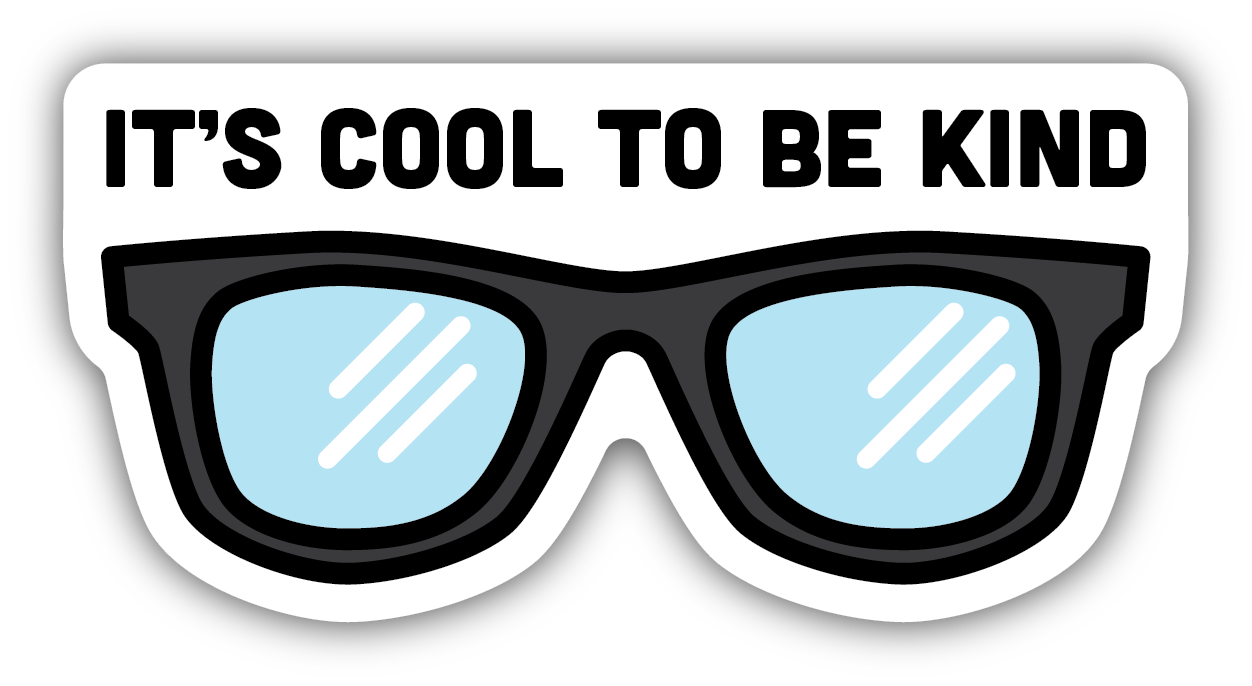 sticker on white background. sticker has graphic of black rim glasses and "it's cool to be kind" written across the top in black capital letters.