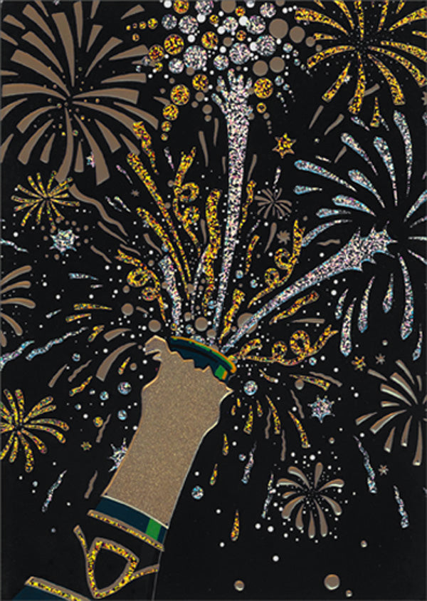 front of card is a drawing of a champagne bottle opened and spraying with fireworks