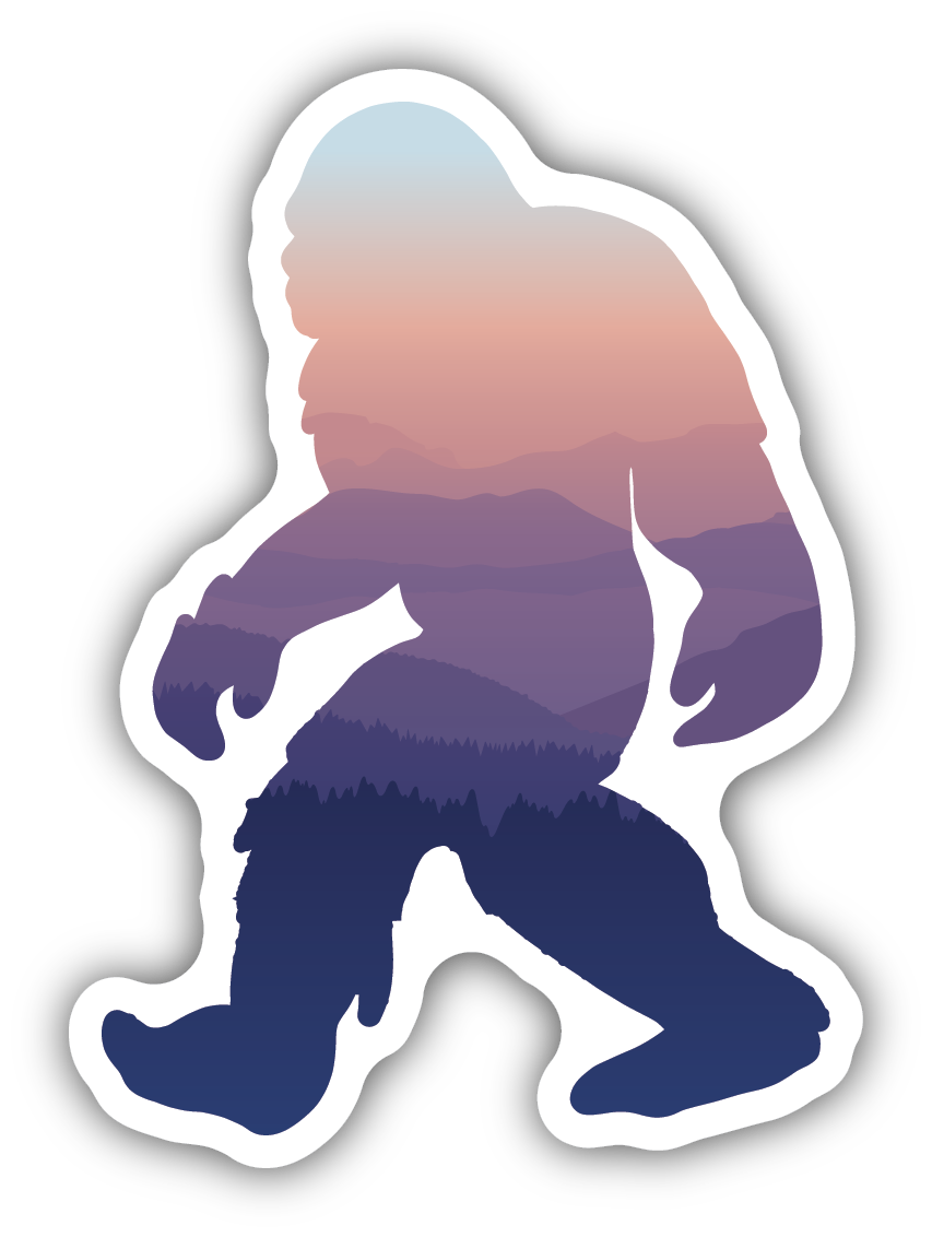 sticker on white background. sticker has graphic of an outline of a sasquatch with mountain ridges at sunset in the background.