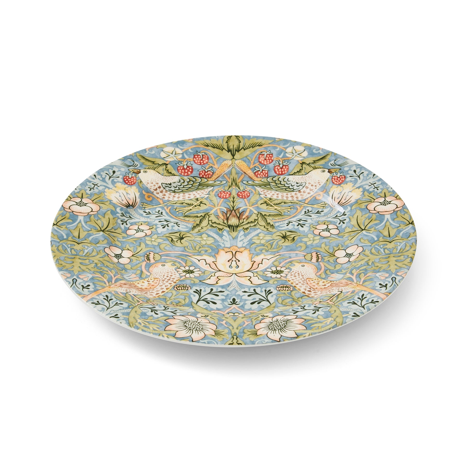 strawberry thief patterned dessert plate against a white background