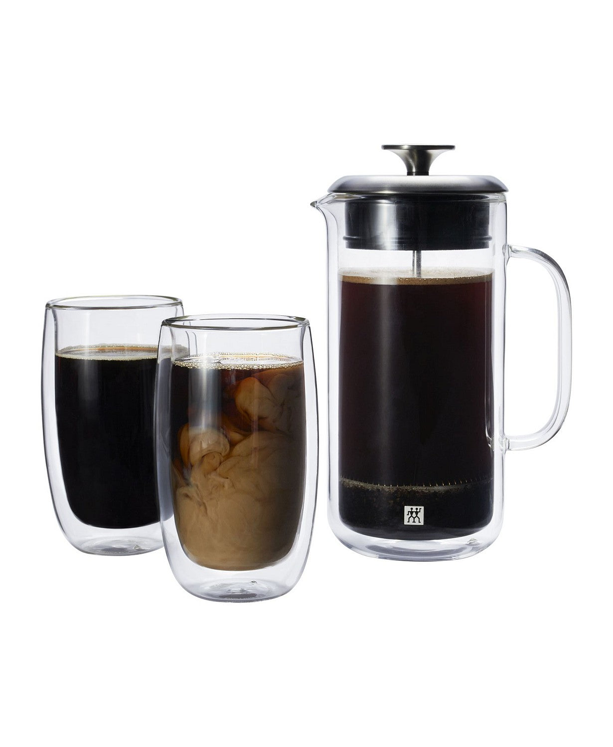 french press filled with coffee and two latte glasses filled with coffee on a white background