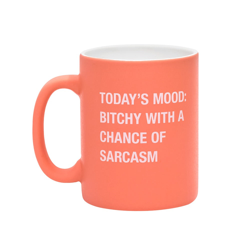 mug with quote "today's mood: bitchy with a chance of sarcasm" on a white background