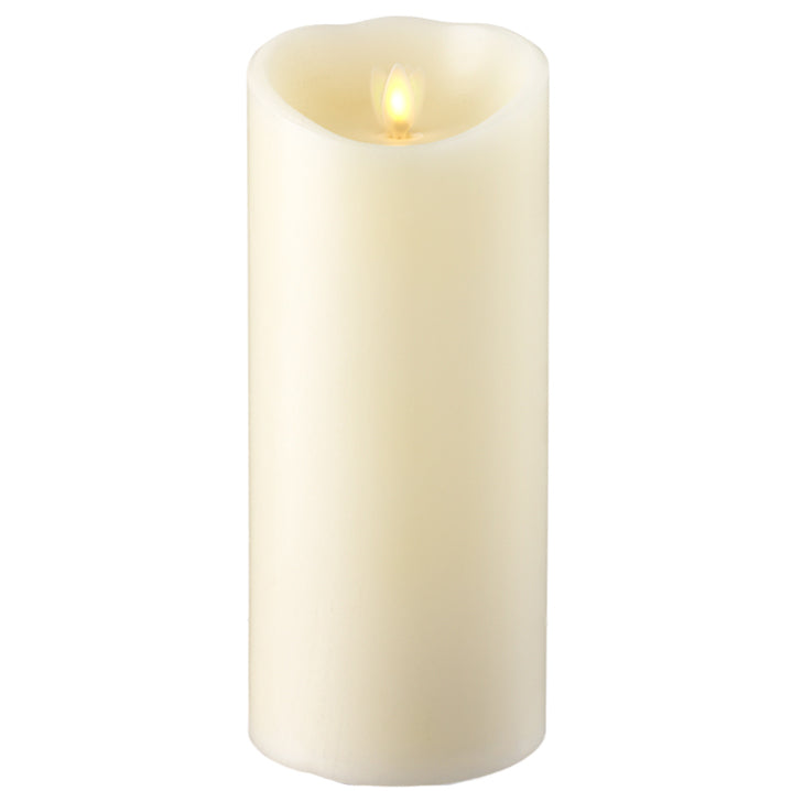 large moving flame ivory pillar candle displayed against a white background