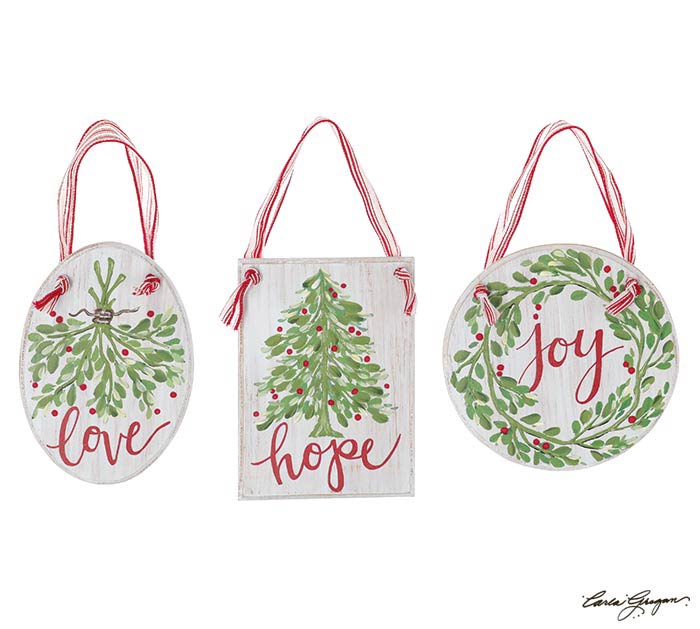 3 ornaments with christmas greenery and red berries painted on it with either love, hope, or joy in red painted on it.