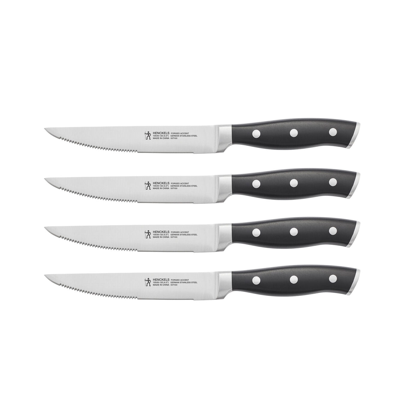 four forged steak knifes with rivets and steel end cap on a white background