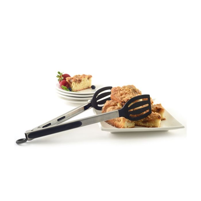 spatula tongs resting on plate on pastries.