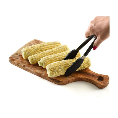 tongs picking up corn on the cob.
