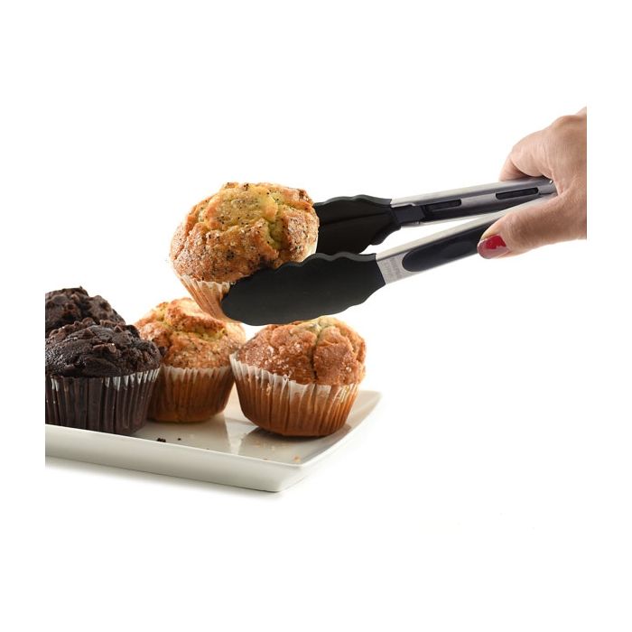tongs picking up muffin.