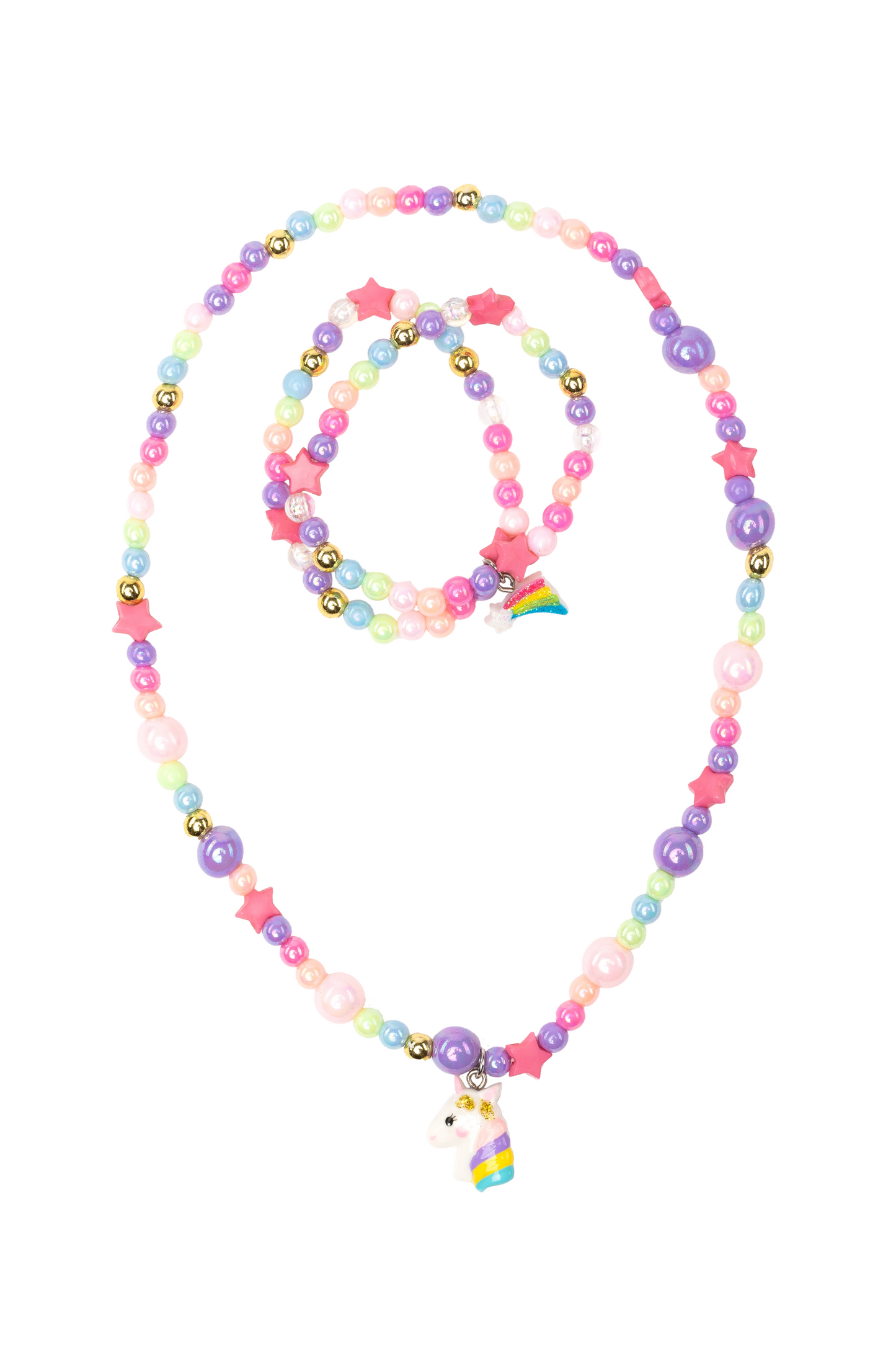 the cheerful starry unicorn necklace and bracelet set on a white background