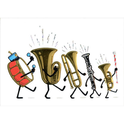 front of card is a drawing of band instruments with arms and legs marching