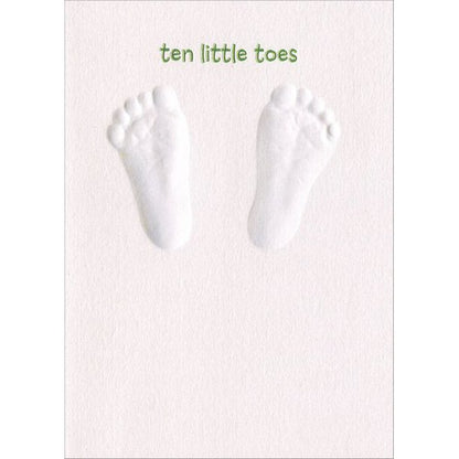 front of card has imbossed newborn feet and text "ten little toes"