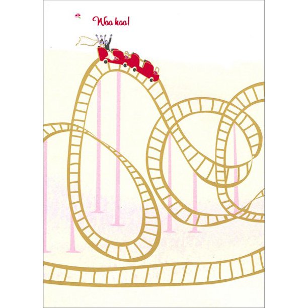 front of card is a drawing of a roller coaster with a cars holding a couple in wedding attire and front of card text