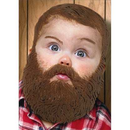 front of card is a photograph of a baby that has had a beard photoshopped over his face
