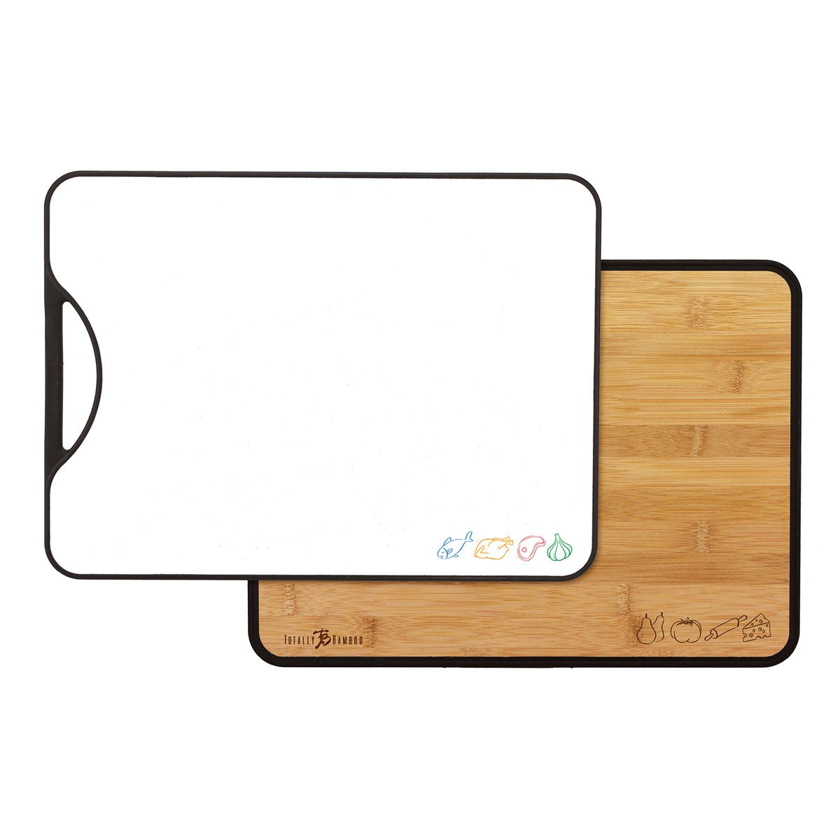 front and back view of cutting board on white background.