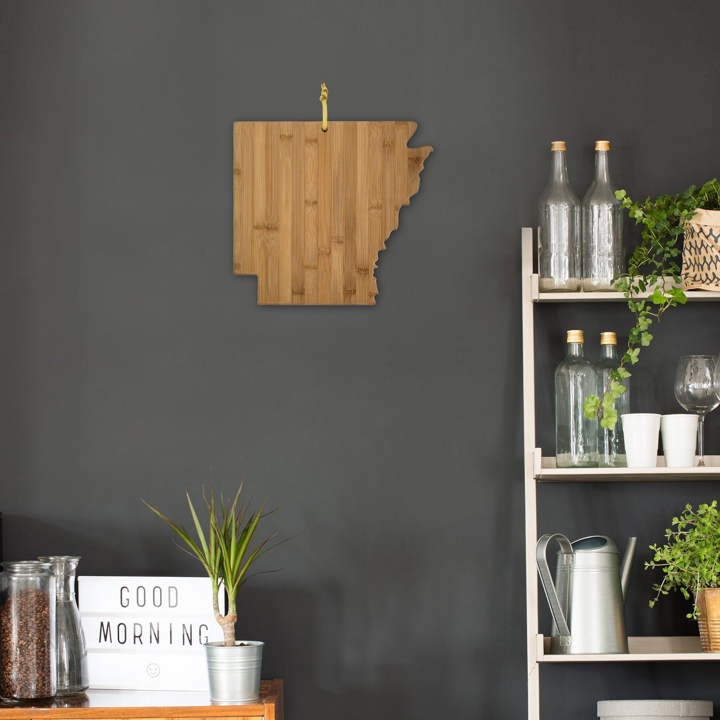 Arkansas shaped board hanging on wall, shelving with bottles, plants, and watering can on dark grey wall.