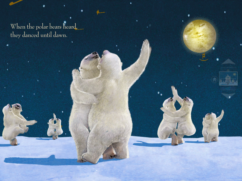 next set of pages has multiple couples of dancing polar bears under a smiling moon