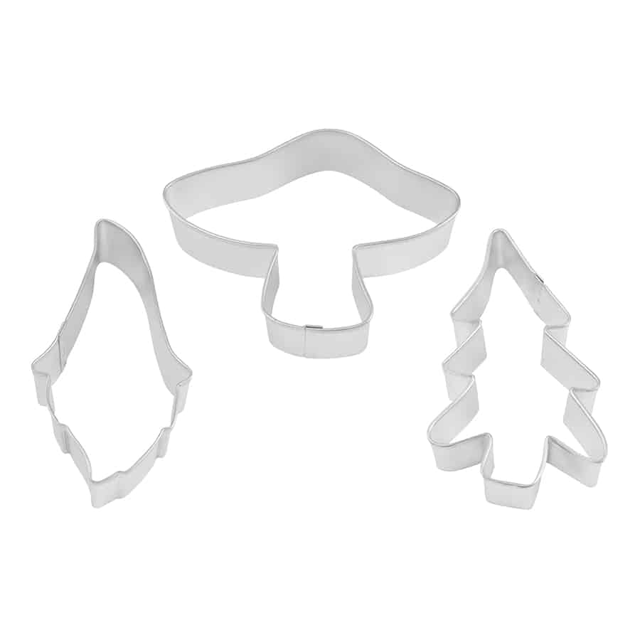 gnome, mushroom, and tree shaped metal cookie cutters.
