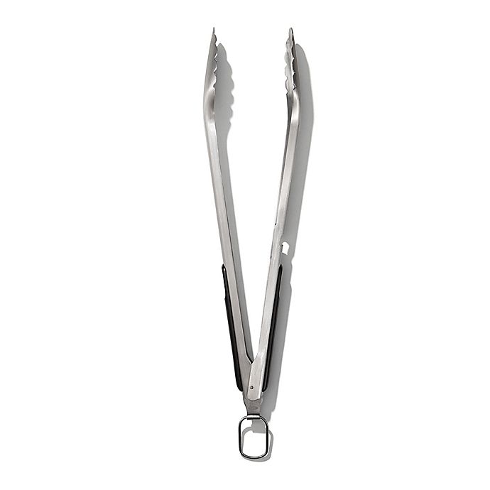 open tongs with black grips on handle.