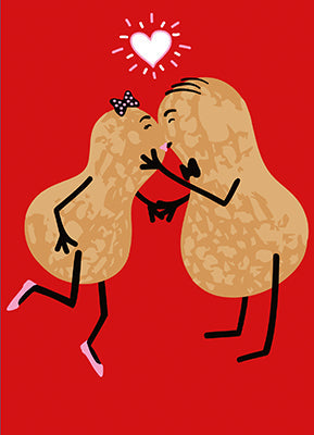 front of card is red with two kissing peanuts with a heart above their heads