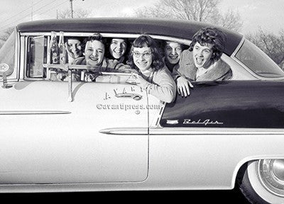 front of card is a photograph of women in 1960s at a car hop