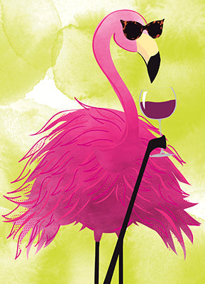 front of card is drawing of a flamingo sipping on a glass of wine