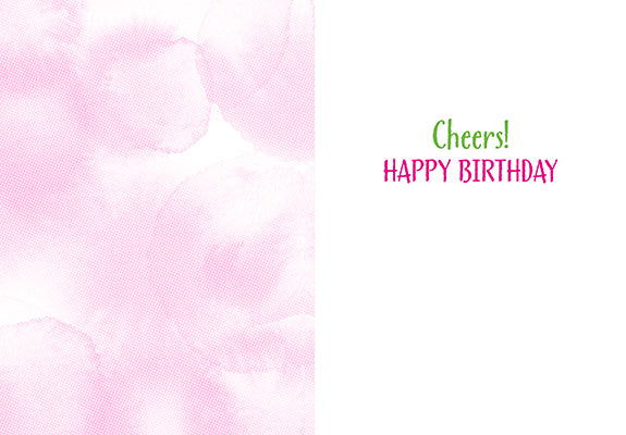 inside of card has a pink watercolor design and green and pink text saying cheers! happy birthday