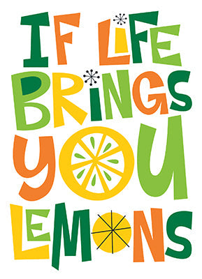 front of card is a white background with colorful front text and drawing of lemon slice