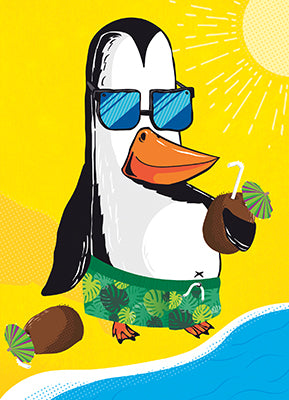 front of card is a drawing of a penguin sitting on the beach with a coconut drink
