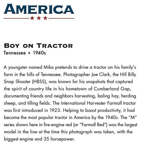 back of card is the history of the 1940s photo of the young boy on a tractor