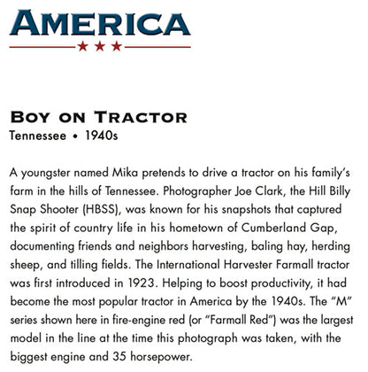 back of card is the history of the 1940s photo of the young boy on a tractor