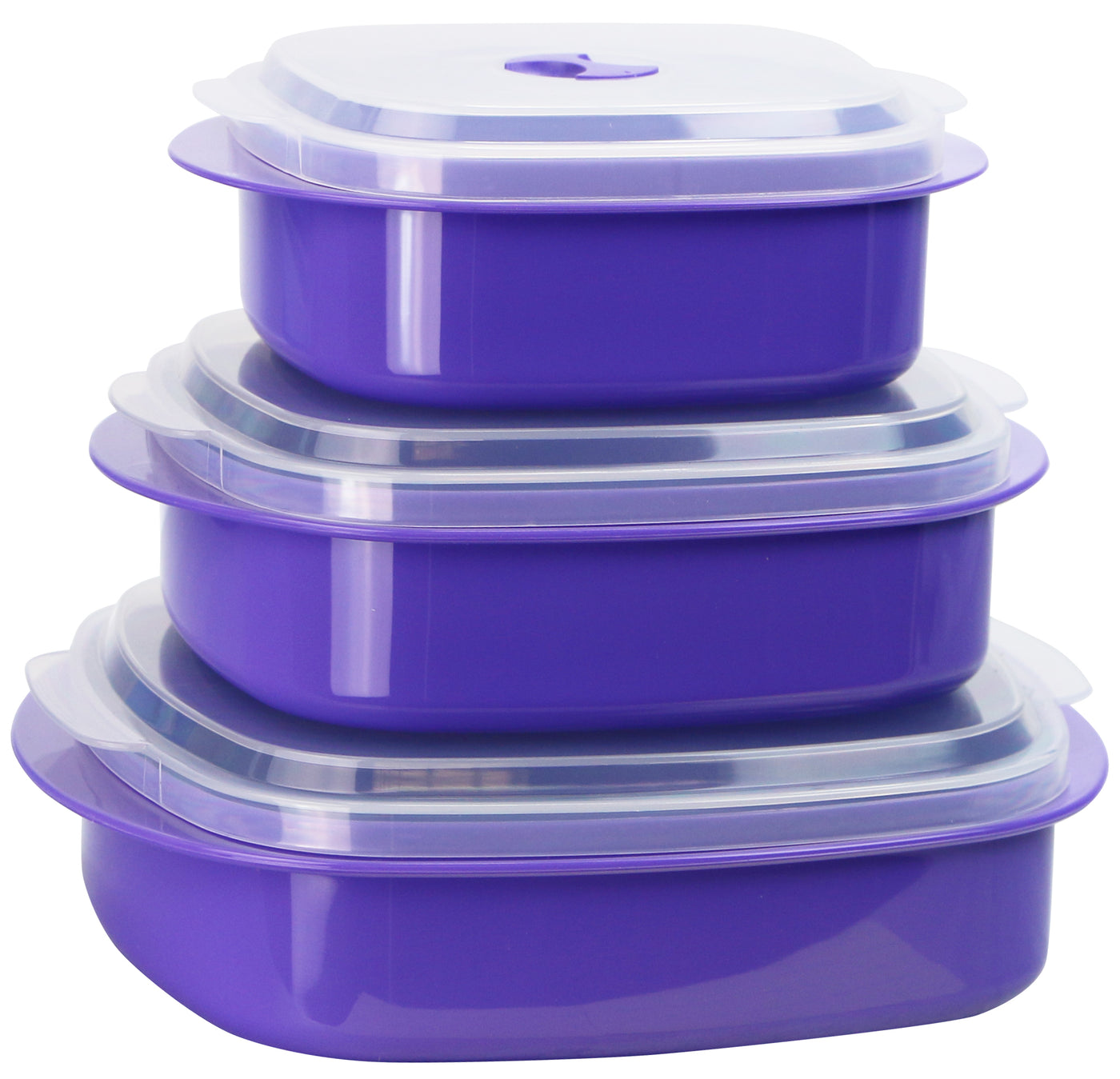 stack of 3 purple storage containers with lids on white background.