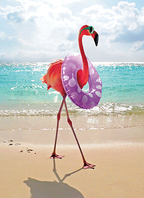 front of card is a photograph of a flamingo with a purple floatie around it's neck