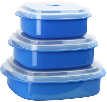 stack of 3 azure storage containers with lids on white background.