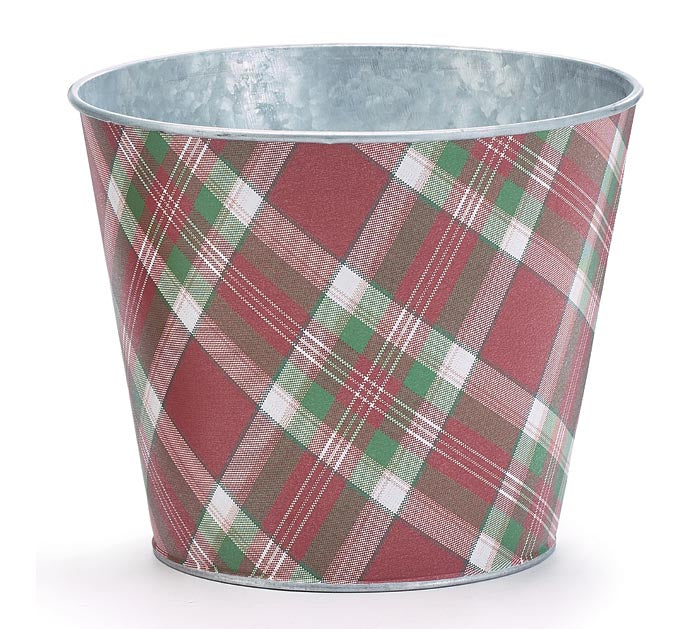 galvanized bucket with red and green plaid design on the exterior.