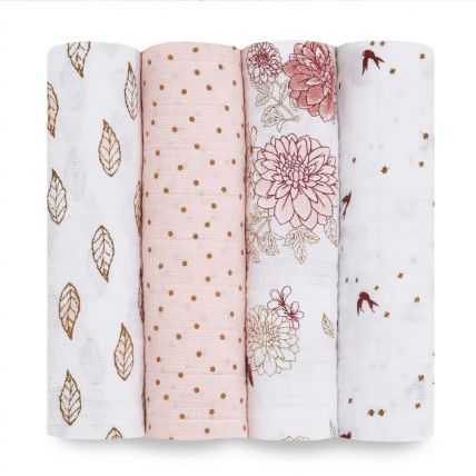 four dahlias cotton muslin swaddles on a white background 