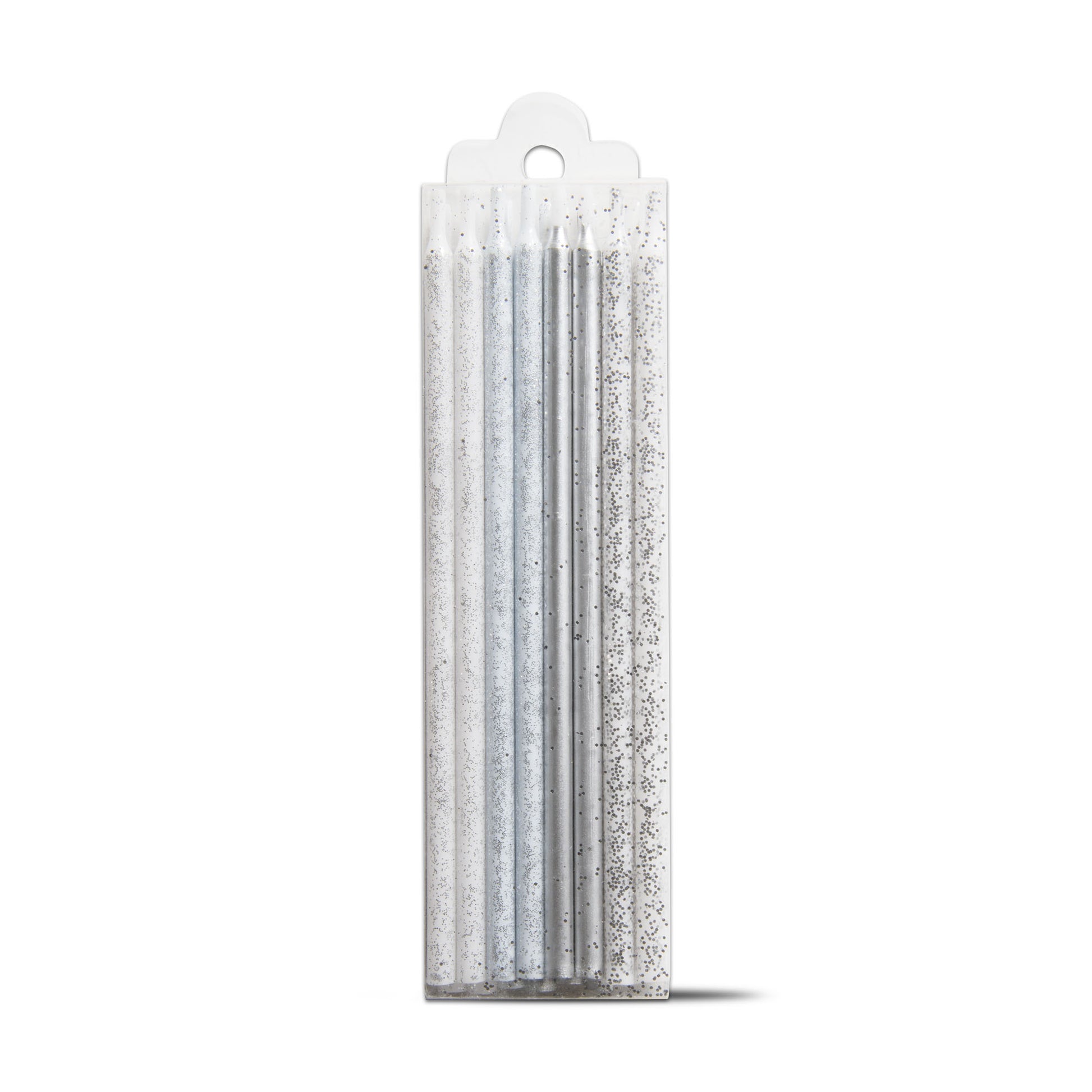 package of silver glittered candles on white background.