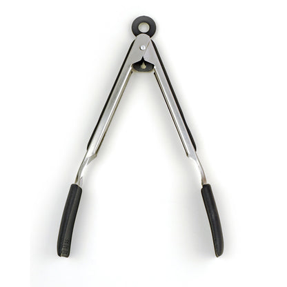 open silicone and stainless steel tongs on white background.
