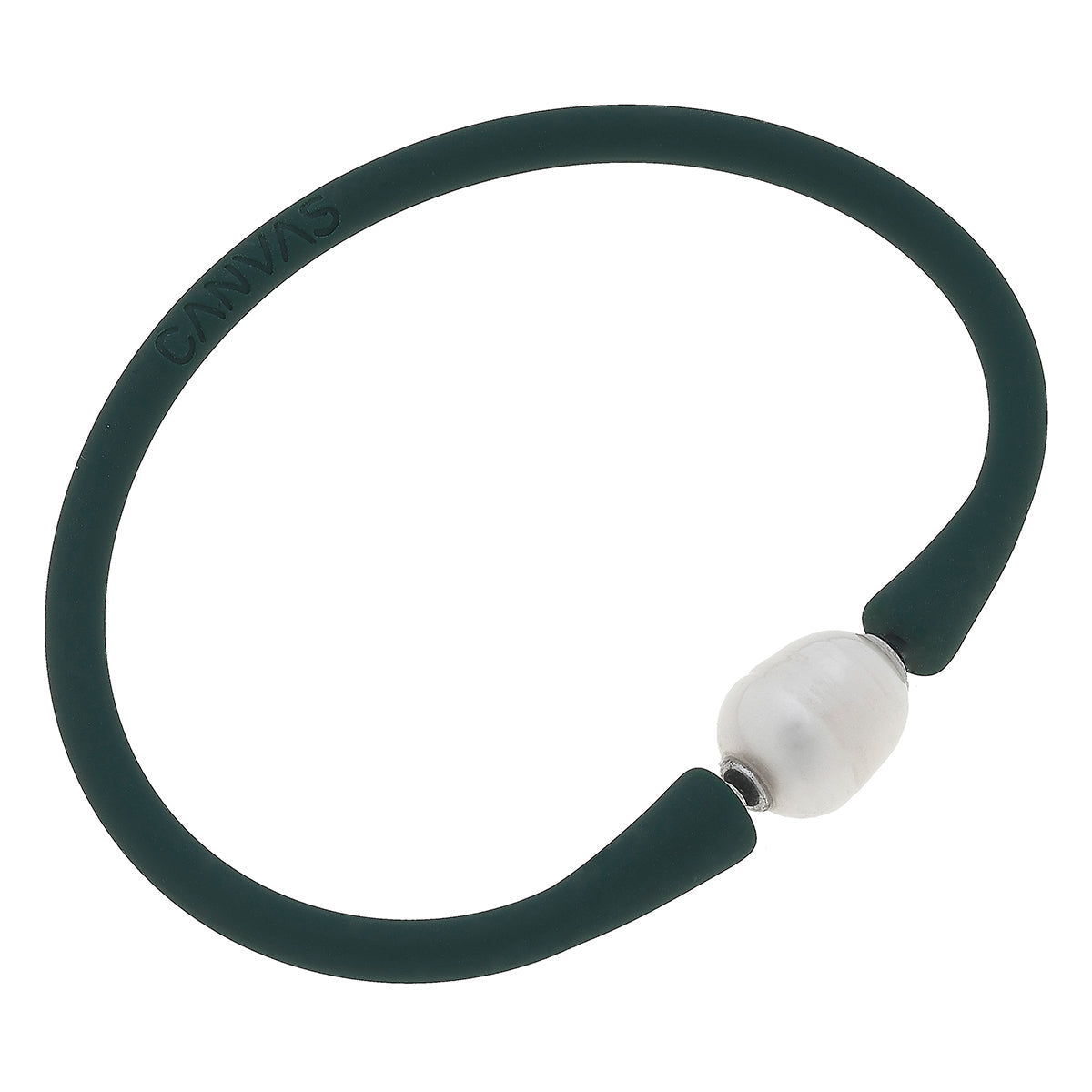 hunter green bali freshwater pearl silicone bracelet on a white background