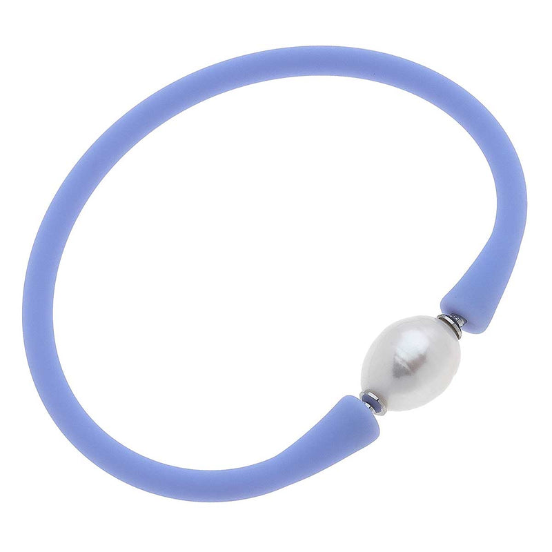 lilac bali freshwater pearl silicone bracelet on a white background